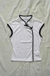 Beyaz Mandarin Yaka Siyah Şeritli Qipao Y2K Kısa Kollu Crop