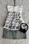 Beyaz Nota Desenli Piano Detaylı Y2K Straplez Crop