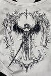 Beyaz Sword Warriror Angel Madonna Yaka Ek Askılı Full Body Y2K Kısa Kollu Crop