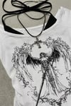 Beyaz Sword Warriror Angel Madonna Yaka Ek Askılı Full Body Y2K Kısa Kollu Crop