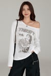 Beyaz Thrift Geniş Yaka Y2K Uzun Kollu Crop