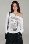 Beyaz Thrift Geniş Yaka Y2K Uzun Kollu Crop