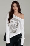 Beyaz Thrift Geniş Yaka Y2K Uzun Kollu Crop