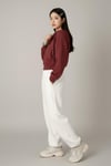 Bordo Crop Top Kalın Kumaş Kapüşonlu Crop Hırka