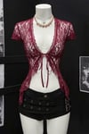 Bordo Dantelli Bağlamalı Bolero Y2K Kısa Kollu Crop