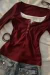 Bordo Henley Yaka Ekli Grunge Y2K Uzun Kollu Crop