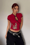 Bordo Mandarin Yaka Ejderha Motifli Vintage Qipao Y2K Kısa Kollu Crop