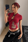 Bordo Mandarin Yaka Ejderha Motifli Vintage Qipao Y2K Kısa Kollu Crop
