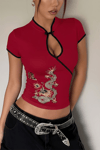 Bordo Mandarin Yaka Ejderha Motifli Vintage Qipao Y2K Kısa Kollu Crop