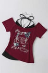 Bordo Nuit Magique Madonna Yaka Ek Askılı Kısa Kollu Full Body Crop