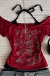 Bordo Skeleton Madonna Yaka Ek Askılı Kısa Kollu Full Body Crop