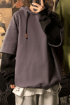 Düz Füme Siyah Fake Sleeve Kapüşonlu Sweatshirt