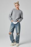 Düz Gri Melanj Orta Kalınlıkta Kumaş Oversize Unisex Uzun Kollu