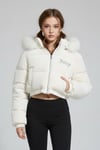 Ekru Juicy Peluş Kapüşonlu Şişme Crop Mont