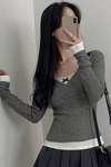 Füme Dantelli Fiyonklu Ekli Y2K Uzun Kollu Crop