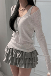 Gri Ek Askılı Madonna Yaka Harajuku Grunge Y2K Uzun Kollu Crop