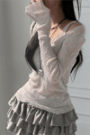 Gri Ek Askılı Madonna Yaka Harajuku Grunge Y2K Uzun Kollu Crop