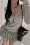 Gri Ek Askılı Madonna Yaka Harajuku Grunge Y2K Uzun Kollu Crop