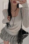 Gri Ek Askılı Madonna Yaka Harajuku Grunge Y2K Uzun Kollu Crop