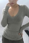 Gri Geniş Yaka Düz Y2K Uzun Kollu Crop