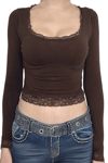 Kahverengi Basic Dantel Detaylı Uzun Kollu Crop