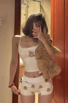 Krem Dantel Yaka Bear Pijama Takımı