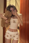 Krem Dantel Yaka Bear Pijama Takımı
