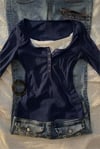 Lacivert Henley Yaka Ekli Grunge Y2K Uzun Kollu Crop