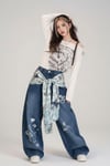 Lacivert Vintage Fularlı Tavşan Baskılı Baggy Pantolon