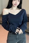 Lacivert Zincir Askılı Asimetrik Kesim Y2K Uzun Kollu Crop