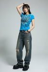 Mavi Gotik Rose Harajuku Y2K Kısa Kollu Crop