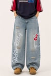 Mavi Hello Kitty Taşlamalı Gotik Y2K Unisex Baggy Pantolon