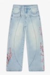 Mavi Sakura Şövalye Nakışlı Y2K Baggy Pantolon