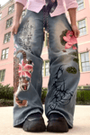 Mavi Yıkama Kanji ve Lotus Baskılı Grunge Y2K Unisex Baggy Pantolon