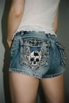 Mavi Yıkamalı Taşlı Skull Wings Grunge Y2K Kot Mini Şort