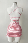 Pembe Büzgülü Sırt İpli & Dekolteli Askılı Gotik Y2K Saten Elbise