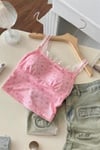 Pembe Çiçek Desenli Gloplu Dantel Detaylı Askılı Crop