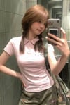 Pembe Ekose Polo Yaka Hello Kitty Y2K Kısa Kollu Crop