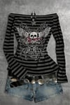 Siyah Antrasit Çizgili Gotik Skull Rose Omuz Dekolteli Y2K Uzun Kollu Crop