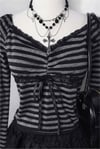 Siyah Antrasit Çizgili Grunge Fiyonklu Dantelli Y2K Uzun Kollu Crop