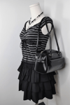 Siyah Antrasit Çizgili Grunge Fiyonklu Dantelli Y2K Kısa Kollu Crop