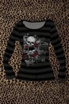 Siyah Antrasit Çizgili Skull Red Rose Gotik Y2K Uzun Kollu Crop