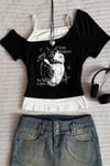 Siyah Balance Cat Our Love Is Ek Askılı Kısa Kollu Full Body Crop