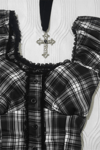 Siyah Beyaz Ekoseli Vintage Dantelli Kare Yaka Y2K Kısa Kollu Crop