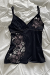 Siyah Boncuklu Floral Desenli Vintage Y2K Askılı Crop