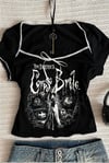 Siyah Corpse Bride Dikiş Detaylı Kurdeleli Kısa Kollu Crop