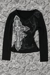 Siyah Cross Motifli Gotik Y2K Uzun Kollu Crop