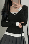 Siyah Dantelli Fiyonklu Ekli Y2K Uzun Kollu Crop