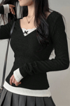 Siyah Dantelli Fiyonklu Ekli Y2K Uzun Kollu Crop