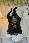 Siyah Dragon Embroidered Keyhole Harajuku Asian Y2K Askılı Crop